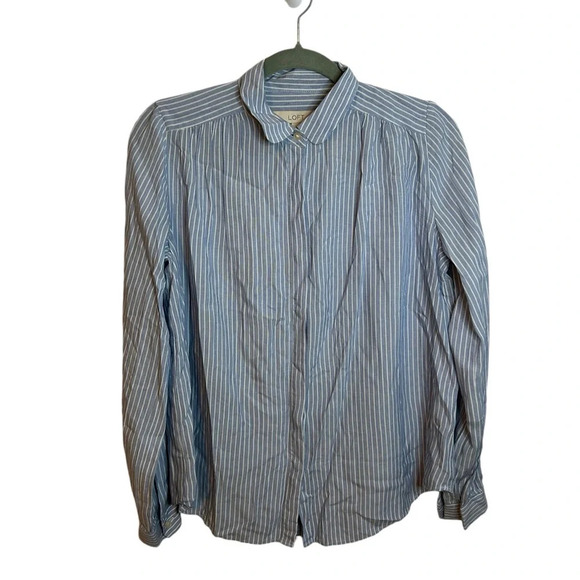 Loft Baby Blue Striped Puff Sleeve Button Down - Picture 1 of 4